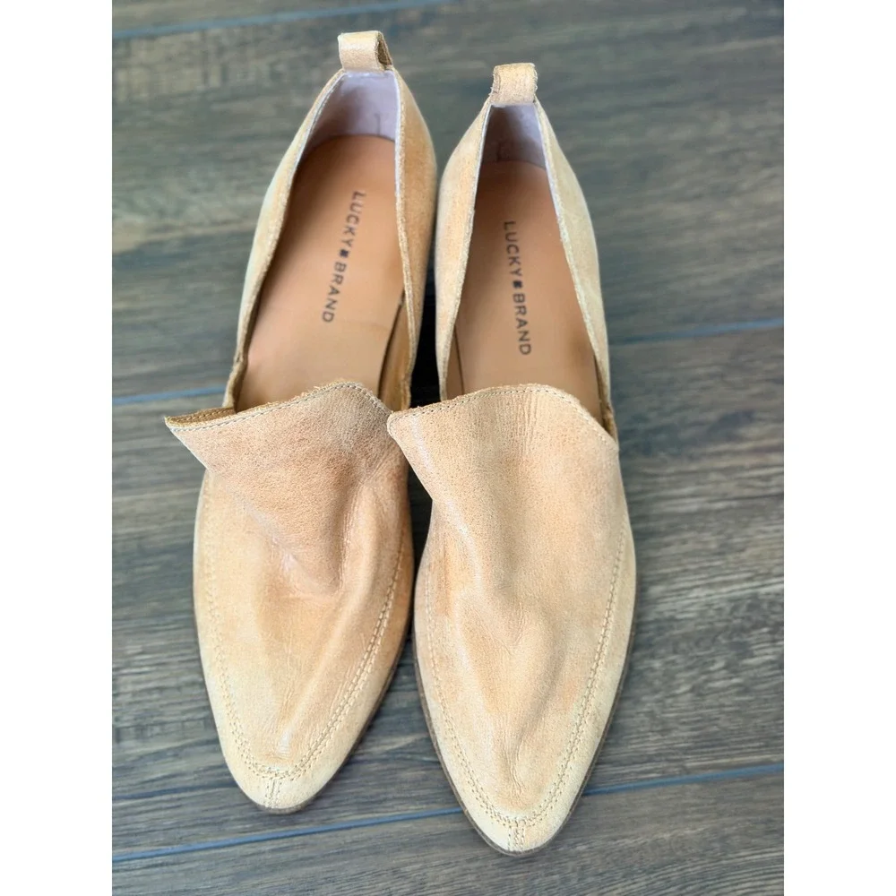 Lucky Brand Mahzan Womens Loafer Tan Leather Slip On Pointed Toe Block Heel 7.5M